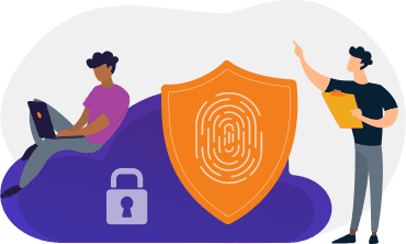 Deux personnes interagissant avec un bouclier de sécurité numérique comportant une empreinte digitale et une icône de cadenas, représentant la protection de la confidentialité des données