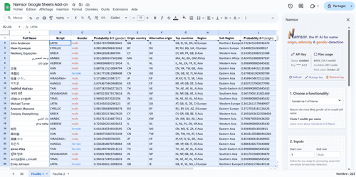 Exemple d'un fichier analysé avec l'extension Google Sheets de Namsor.