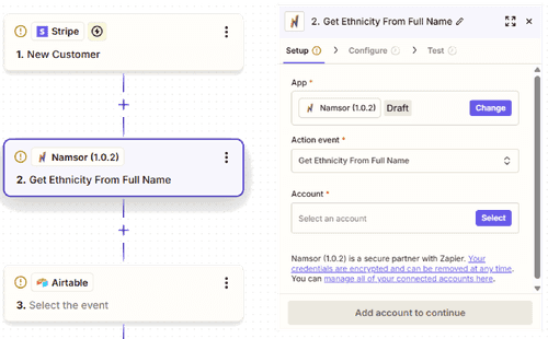 Exemple d'un workflow intégrant Namsor avec Zapier.