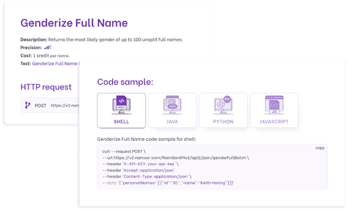 Exemple de la fonctionnalité Genderize Full Name dans la documentation API de Namsor.